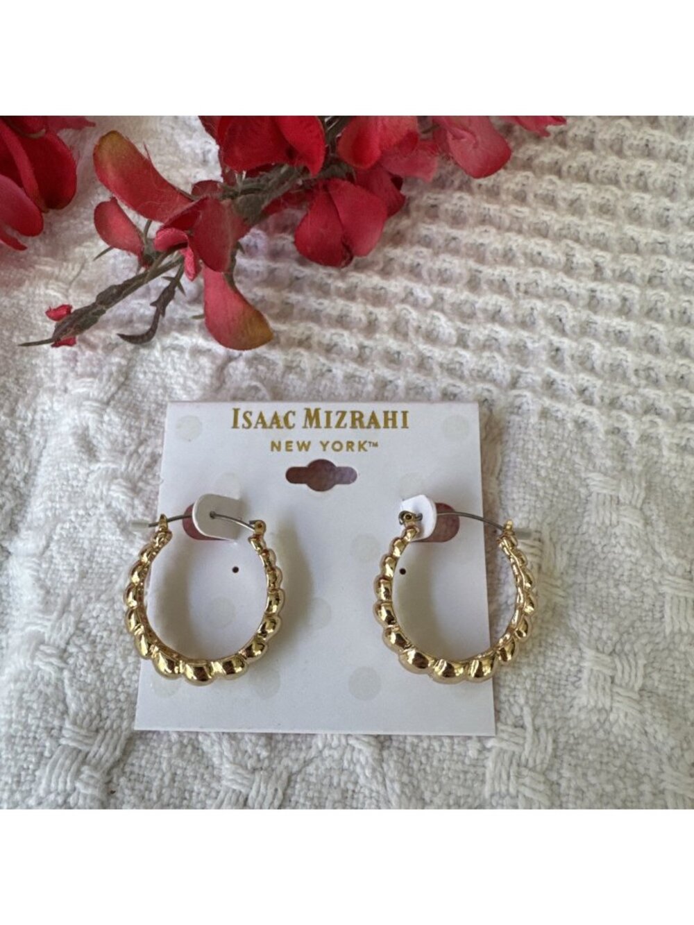 Isaac Mizrahi Classic Twist Shiny Gold Hoop Earrings 1.2" MSRP $38 NEW